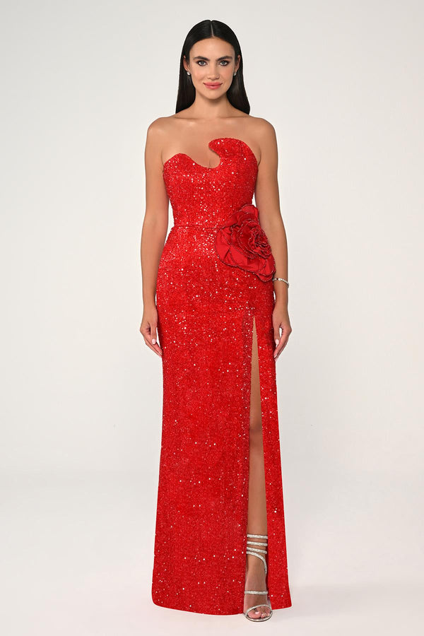 Strapless Bust Asymmetrical Cut Sequin Fabric Long Dress