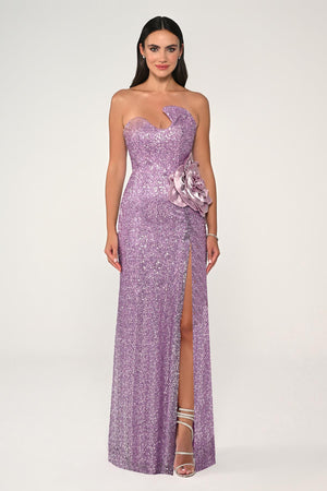Strapless Bust Asymmetrical Cut Sequin Fabric Long Dress