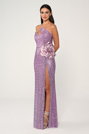 Strapless Bust Asymmetrical Cut Sequin Fabric Long Dress