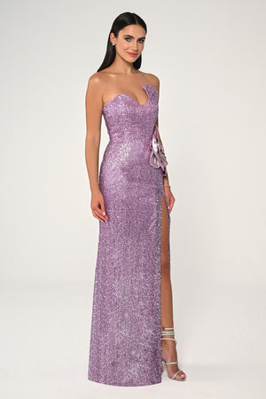 Strapless Bust Asymmetrical Cut Sequin Fabric Long Dress