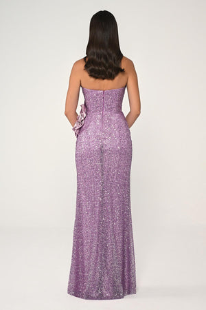 Strapless Bust Asymmetrical Cut Sequin Fabric Long Dress
