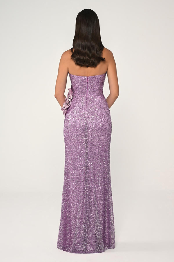 Strapless Bust Asymmetrical Cut Sequin Fabric Long Dress