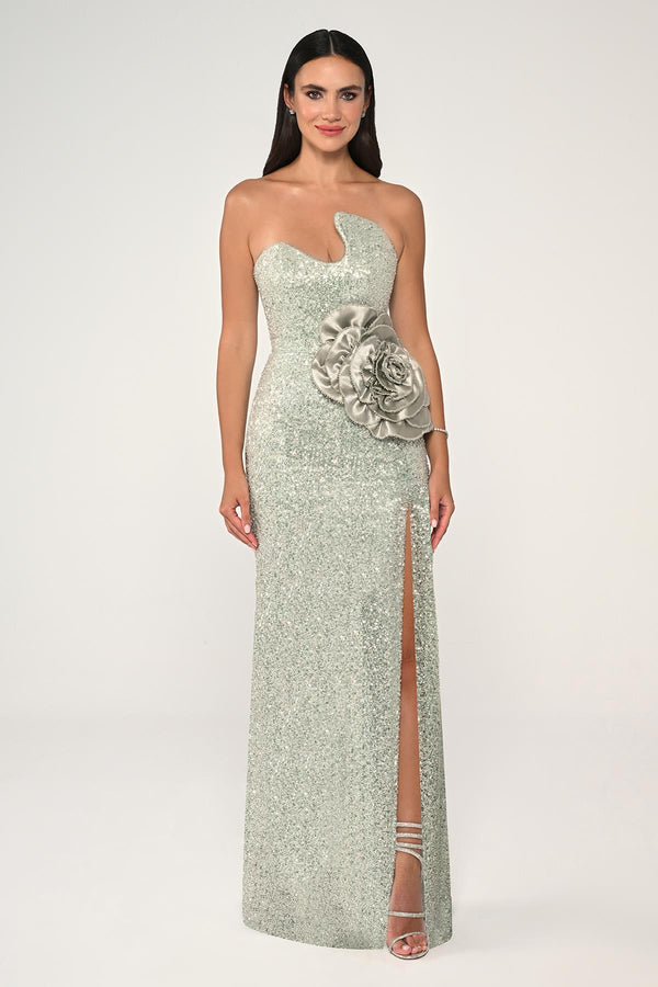 Strapless Bust Asymmetrical Cut Sequin Fabric Long Dress