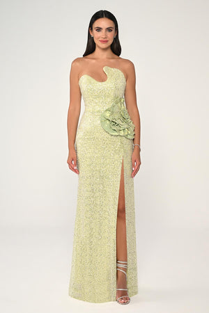 Strapless Bust Asymmetrical Cut Sequin Fabric Long Dress