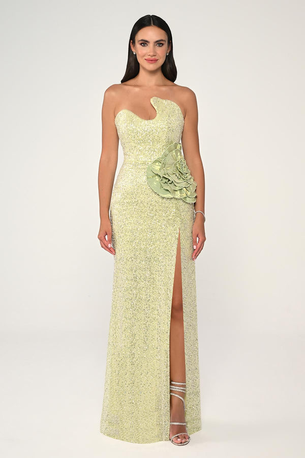 Strapless Bust Asymmetrical Cut Sequin Fabric Long Dress
