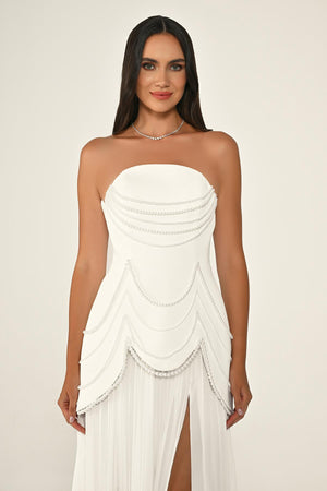 Strapless Beaded Pleated Skirt Chiffon Top Crepe Long Dress