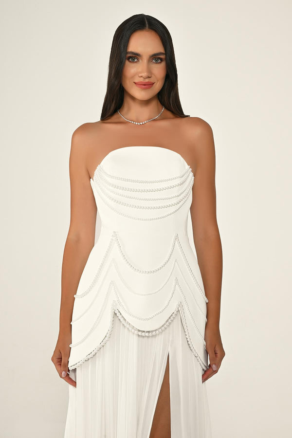 Strapless Beaded Pleated Skirt Chiffon Top Crepe Long Dress