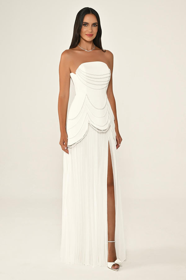 Strapless Beaded Pleated Skirt Chiffon Top Crepe Long Dress