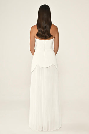 Strapless Beaded Pleated Skirt Chiffon Top Crepe Long Dress