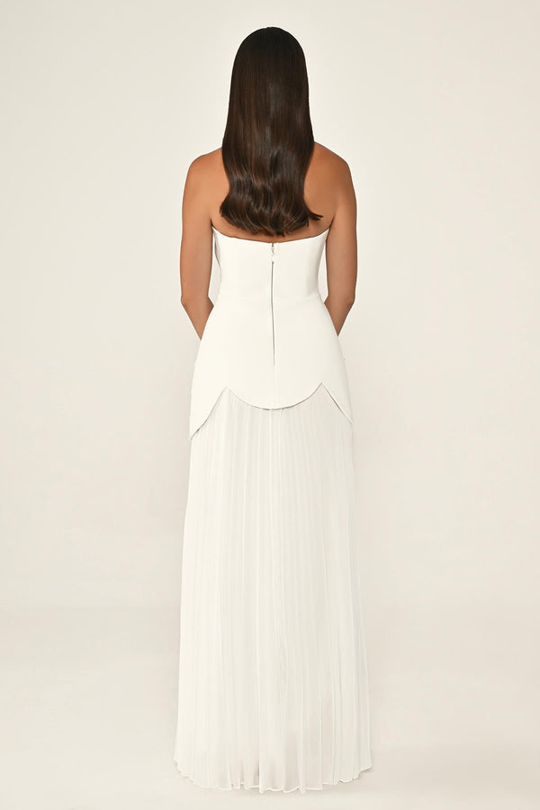 Strapless Beaded Pleated Skirt Chiffon Top Crepe Long Dress