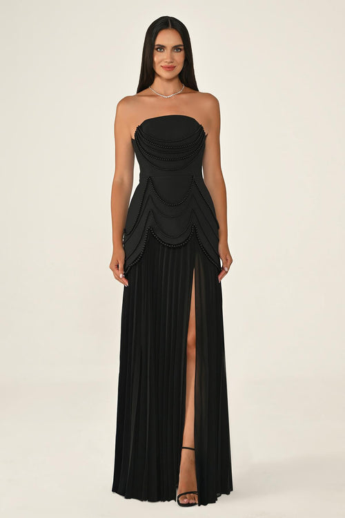 Strapless Beaded Pleated Skirt Chiffon Top Crepe Long Dress