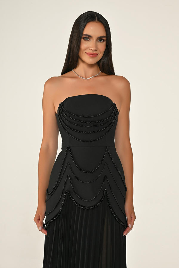 Strapless Beaded Pleated Skirt Chiffon Top Crepe Long Dress