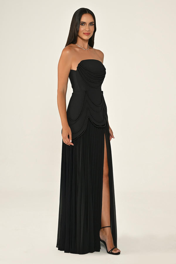 Strapless Beaded Pleated Skirt Chiffon Top Crepe Long Dress