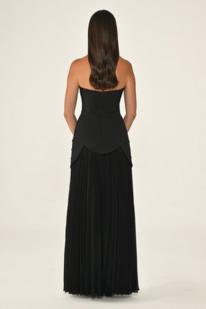 Strapless Beaded Pleated Skirt Chiffon Top Crepe Long Dress