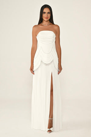 Strapless Beaded Pleated Skirt Chiffon Top Crepe Long Dress