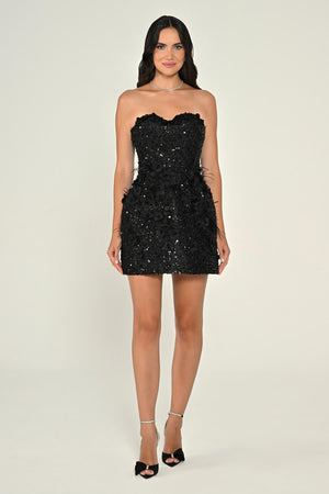 Strapless Sweetheart Neck 3D Floral Embellished Sequin Mini Dress