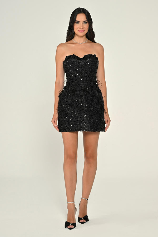 Strapless Sweetheart Neck 3D Floral Embellished Sequin Mini Dress
