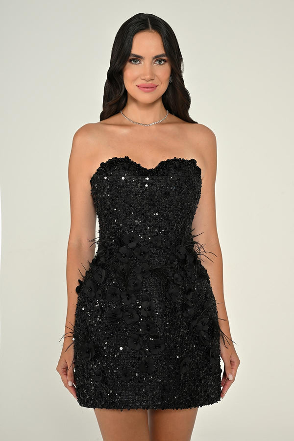 Strapless Sweetheart Neck 3D Floral Embellished Sequin Mini Dress