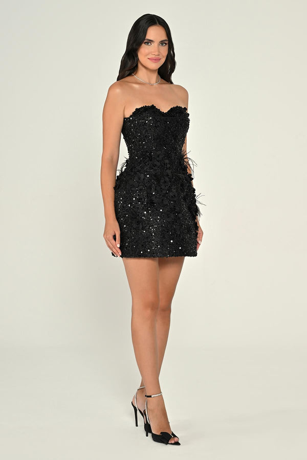 Strapless Sweetheart Neck 3D Floral Embellished Sequin Mini Dress