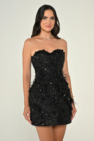 Strapless Sweetheart Neck 3D Floral Embellished Sequin Mini Dress