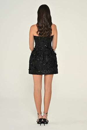 Strapless Sweetheart Neck 3D Floral Embellished Sequin Mini Dress