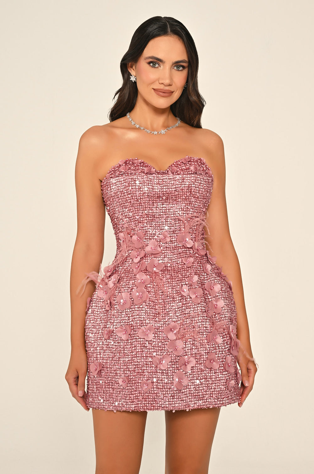 Strapless Sweetheart Neck 3D Floral Embellished Sequin Mini Dress