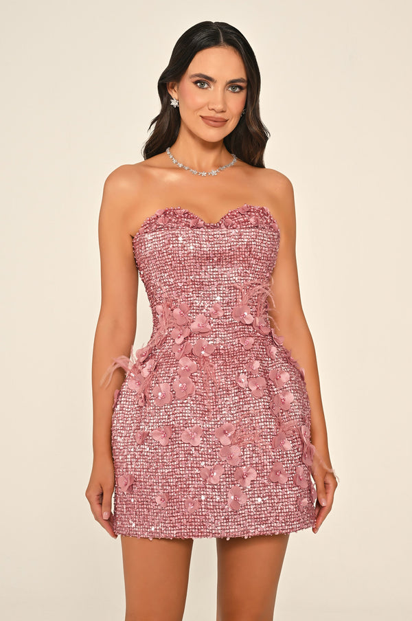 Strapless Sweetheart Neck 3D Floral Embellished Sequin Mini Dress