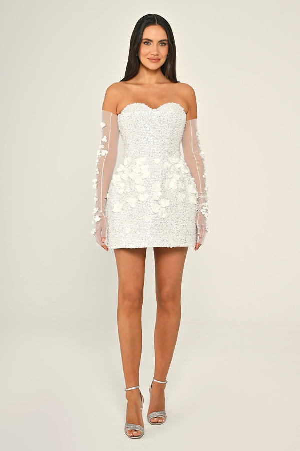 Strapless Sweetheart Neck 3D Floral Embellished Sequin Mini Dress