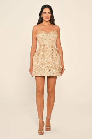 Strapless Sweetheart Neck 3D Floral Embellished Sequin Mini Dress