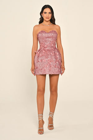 Strapless Sweetheart Neck 3D Floral Embellished Sequin Mini Dress