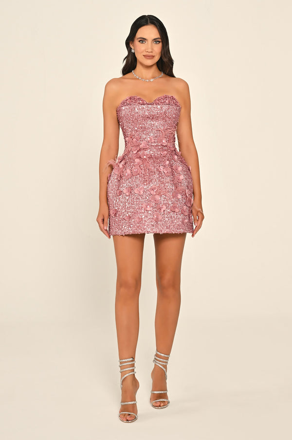 Strapless Sweetheart Neck 3D Floral Embellished Sequin Mini Dress