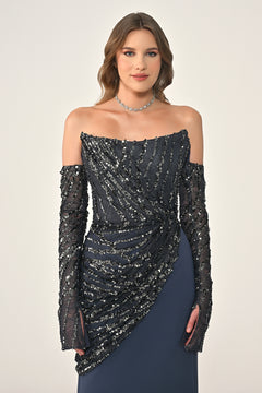 Strapless Sleeved Top Sequin Skirt Knitted Fabric Long Dress