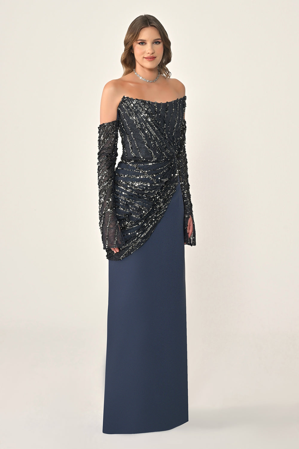 Strapless Sleeved Top Sequin Skirt Knitted Fabric Long Dress