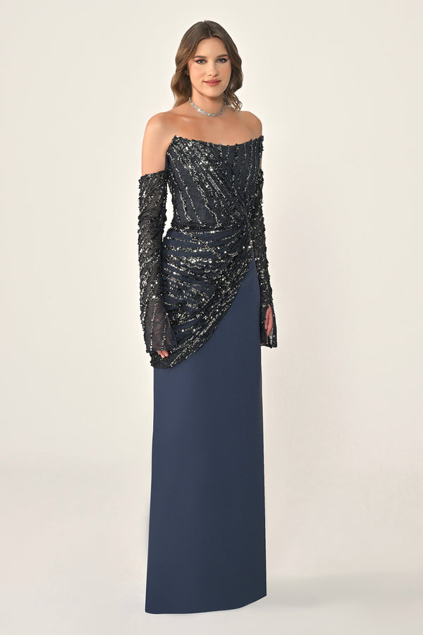 Strapless Sleeved Top Sequin Skirt Knitted Fabric Long Dress