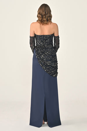 Strapless Sleeved Top Sequin Skirt Knitted Fabric Long Dress