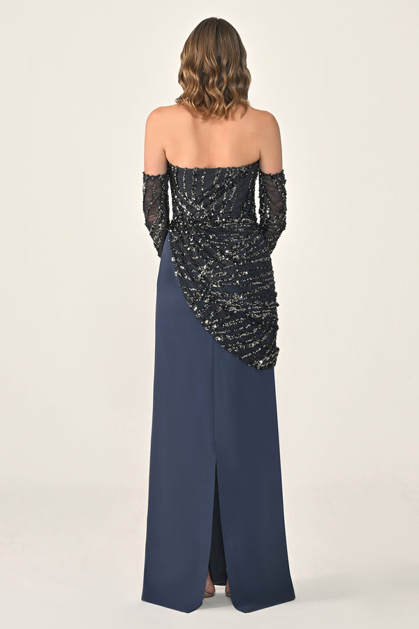 Strapless Sleeved Top Sequin Skirt Knitted Fabric Long Dress