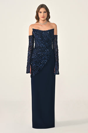 Strapless Sleeved Top Sequin Skirt Knitted Fabric Long Dress