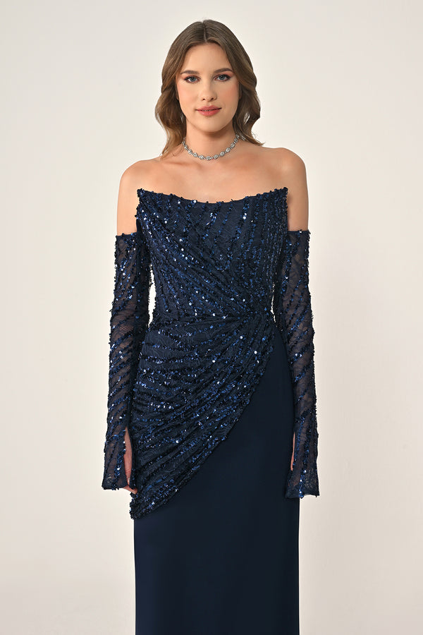 Strapless Sleeved Top Sequin Skirt Knitted Fabric Long Dress