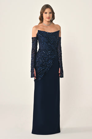 Strapless Sleeved Top Sequin Skirt Knitted Fabric Long Dress
