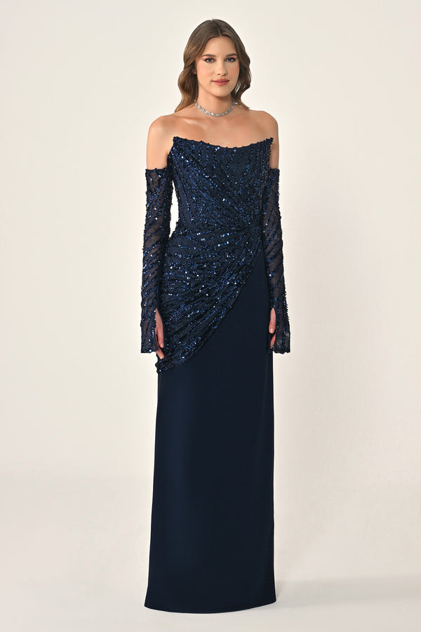 Strapless Sleeved Top Sequin Skirt Knitted Fabric Long Dress