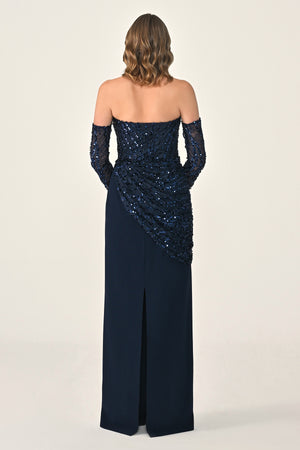 Strapless Sleeved Top Sequin Skirt Knitted Fabric Long Dress