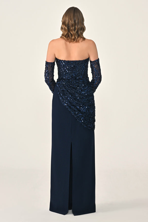 Strapless Sleeved Top Sequin Skirt Knitted Fabric Long Dress