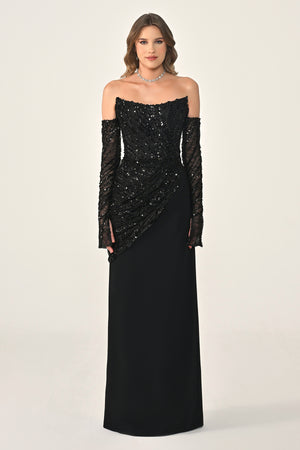 Strapless Sleeved Top Sequin Skirt Knitted Fabric Long Dress