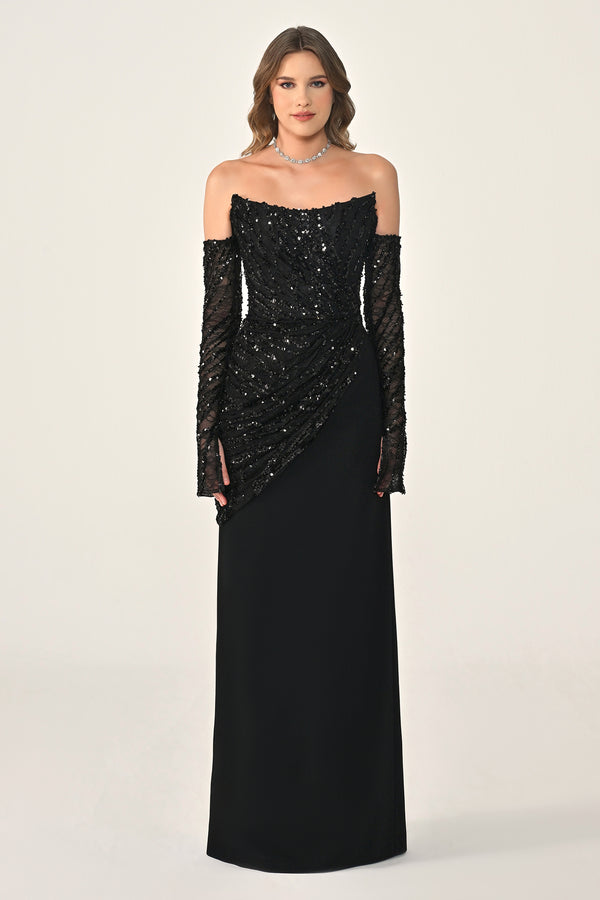 Strapless Sleeved Top Sequin Skirt Knitted Fabric Long Dress