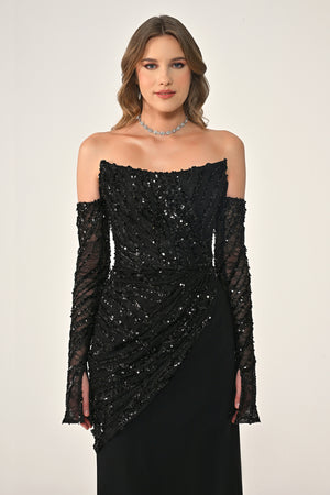 Strapless Sleeved Top Sequin Skirt Knitted Fabric Long Dress