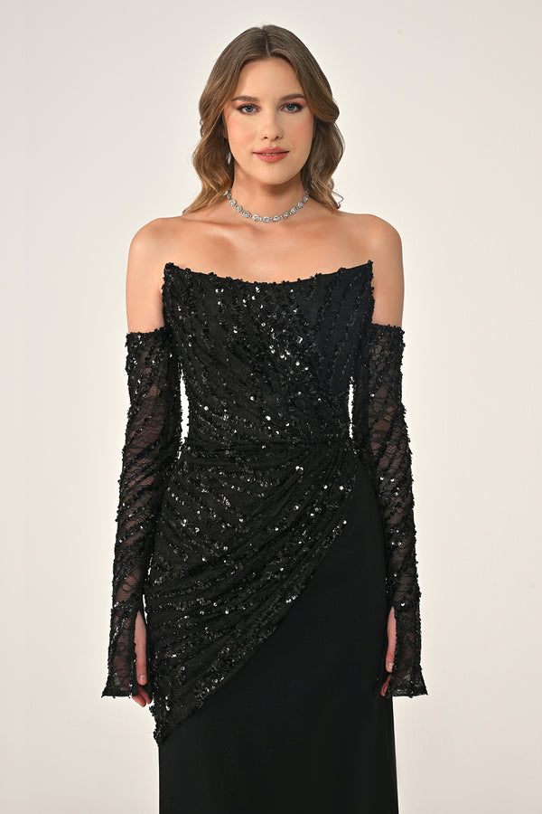 Strapless Sleeved Top Sequin Skirt Knitted Fabric Long Dress