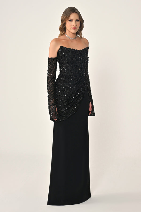 Strapless Sleeved Top Sequin Skirt Knitted Fabric Long Dress