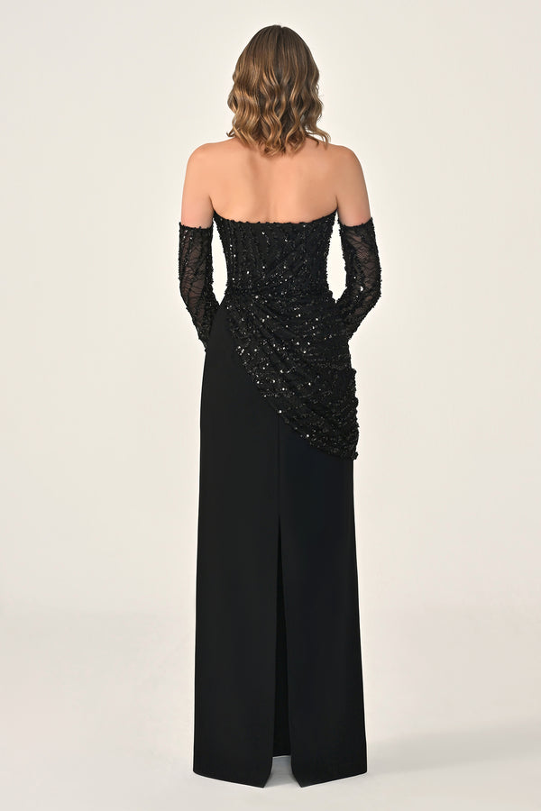 Strapless Sleeved Top Sequin Skirt Knitted Fabric Long Dress