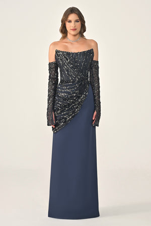 Strapless Sleeved Top Sequin Skirt Knitted Fabric Long Dress