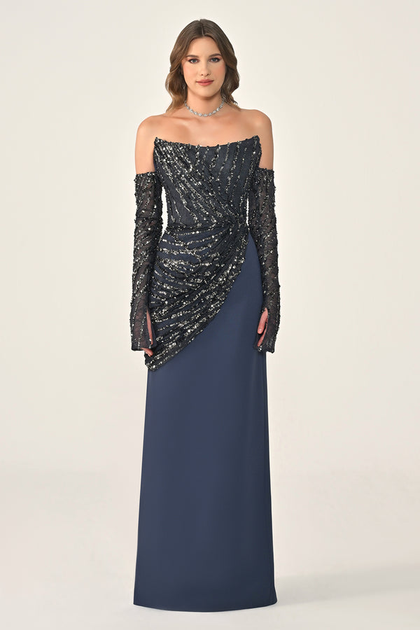 Strapless Sleeved Top Sequin Skirt Knitted Fabric Long Dress